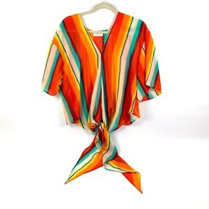 Palms Away Boutique Tie Top Blouse Sz M V Neck Short Bell Sleeves Multi Color‎